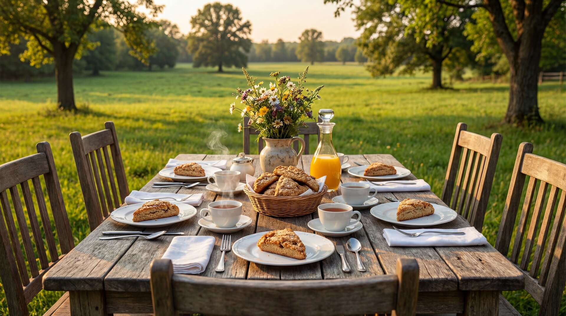 Cinnamon scones on farm pasture breakfast table