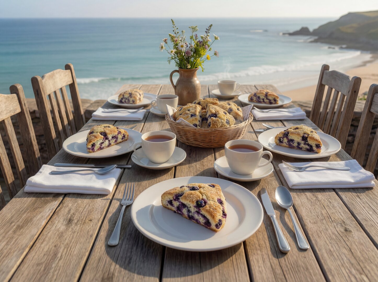 Blueberry scones on ocean coast breakfast table